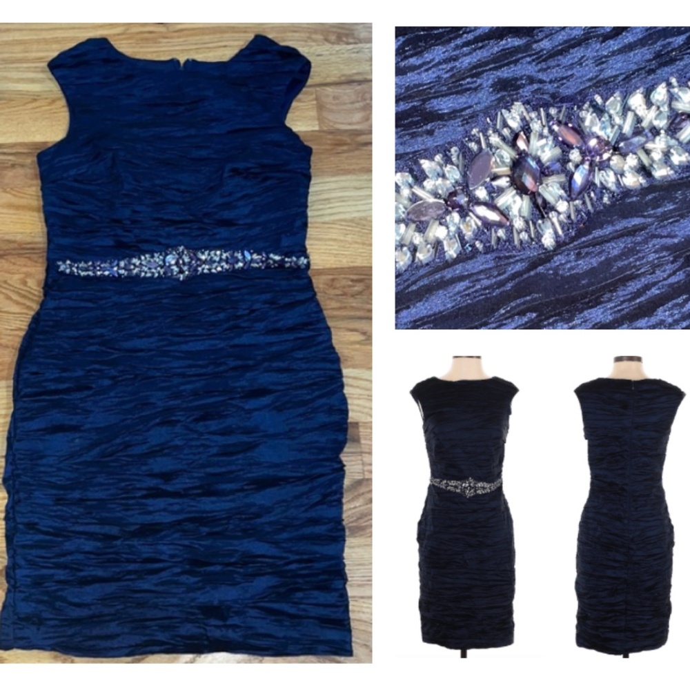 NEW Jackie Jon sequins & rhinestones Navy Ruched Evening Cocktail Midi DRESS 14